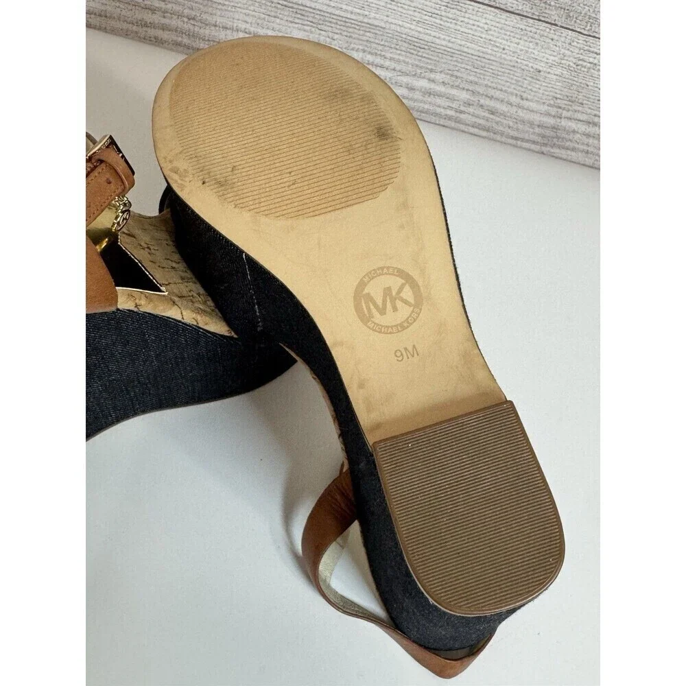 Michael Kors Denim Cork Wedge Sandals Size 9  Ankle Strap Espadrille Heels